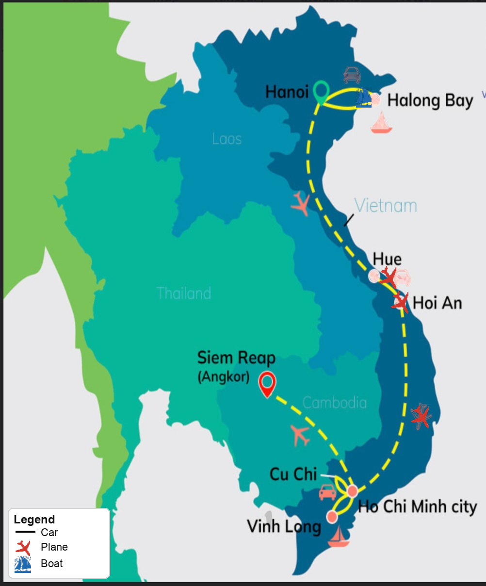 Vietnam and Cambodia family holiday route map