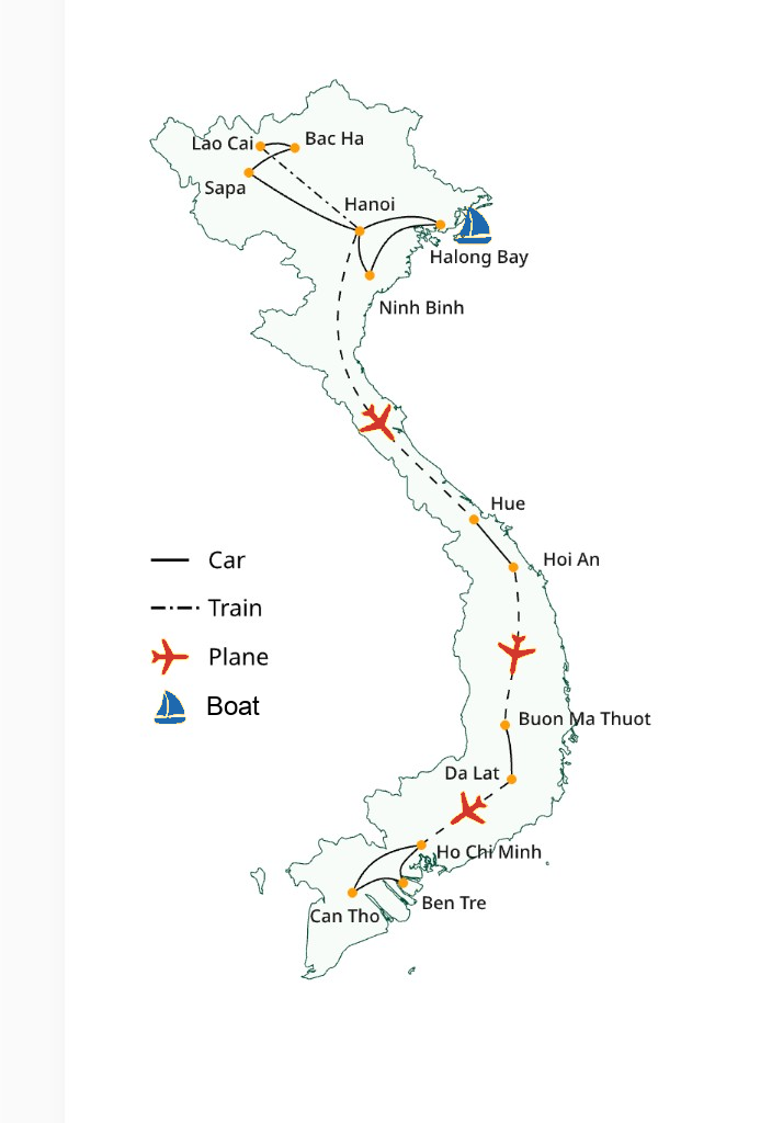 Carte de l'itinéraire Vietnam en trois semaines
